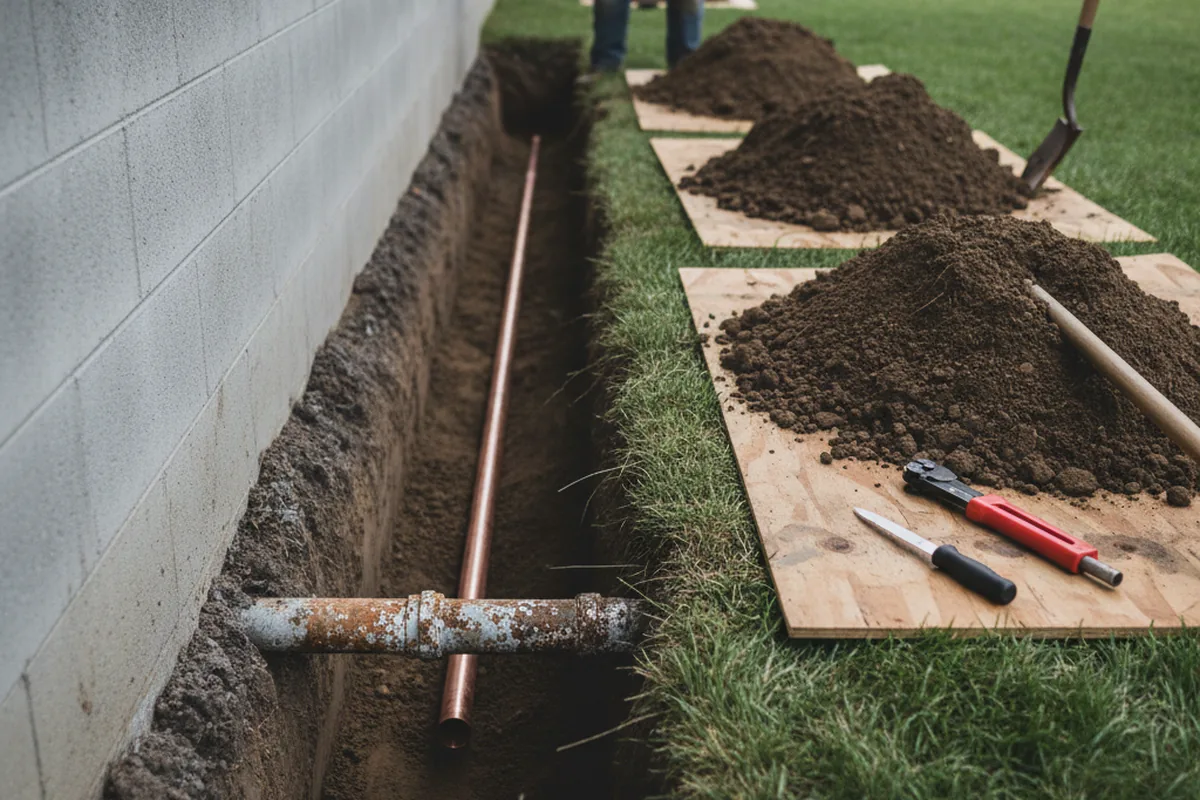 Excavated water line trench during Water Softener Installation in Sanford